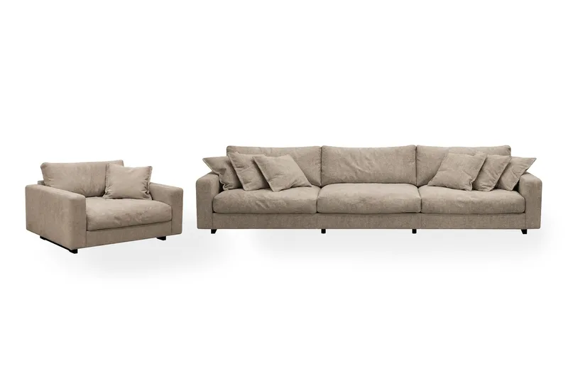 Valencia sofagruppe ekstra dyp 5-seters sofa + lenestol i chenille, Brun