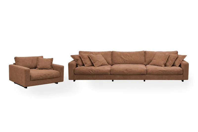 Valencia sofagruppe ekstra dyp 5-seters sofa + lenestol i chenille, Rustbrun