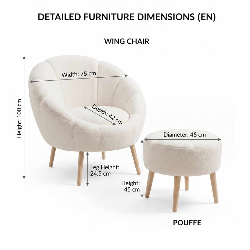 Ørelappstol- og puffesett (2 deler) Atelier Del Sofa Lida (75 x 100 x 42 cm) Hvit - Møbler - Stoler - Lenestoler - Lenestol med fotskammel
