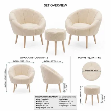 Ørelappstol- og puffsett (3 deler) Atelier Del Sofa Lida Wellsoft (75 x 100 x 42 cm) Krem - Møbler - Stoler - Lenestoler