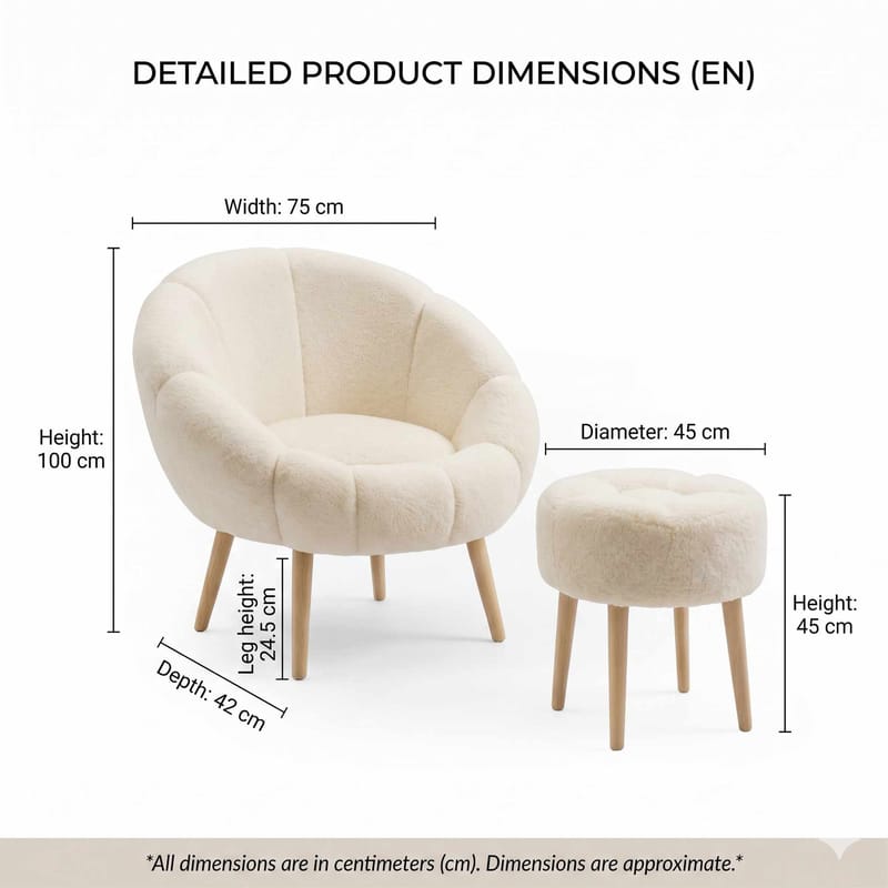 Ørelappstol- og puffesett (2 deler) Atelier Del Sofa Lida (75 x 100 x 42 cm) Krem - Møbler - Stoler - Lenestoler - Lenestol med fotskammel