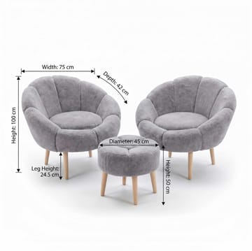 Ørelappstol- og puffsett (3 deler) Atelier Del Sofa Lida Wellsoft (75 x 100 x 42 cm) Grå - Møbler - Stoler - Lenestoler