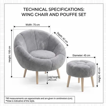 Ørelappstol- og puffesett (2 deler) Atelier Del Sofa Lida (75 x 100 x 42 cm) Grå - Møbler - Stoler - Lenestoler - Lenestol med fotskammel