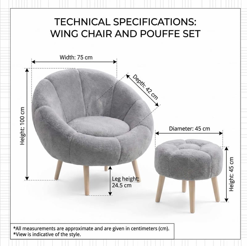 Ørelappstol- og puffesett (2 deler) Atelier Del Sofa Lida (75 x 100 x 42 cm) Grå - Møbler - Stoler - Lenestoler - Lenestol med fotskammel