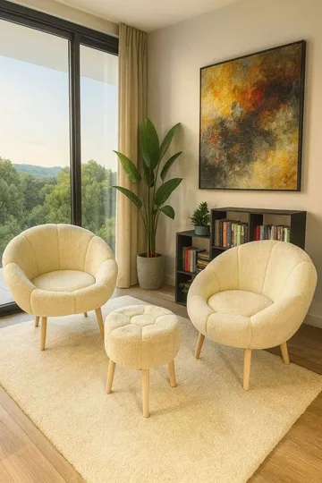 Ørelappstol- og puffsett (3 deler) Atelier Del Sofa Lida Wellsoft (75 x 100 x 42 cm) Krem - Møbler - Stoler - Lenestoler