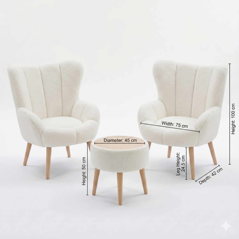 Ørelappstol- og puffsett (3 deler) Atelier Del Sofa Lida Wellsoft (75 x 100 x 42 cm) Hvit - Møbler - Stoler - Lenestoler