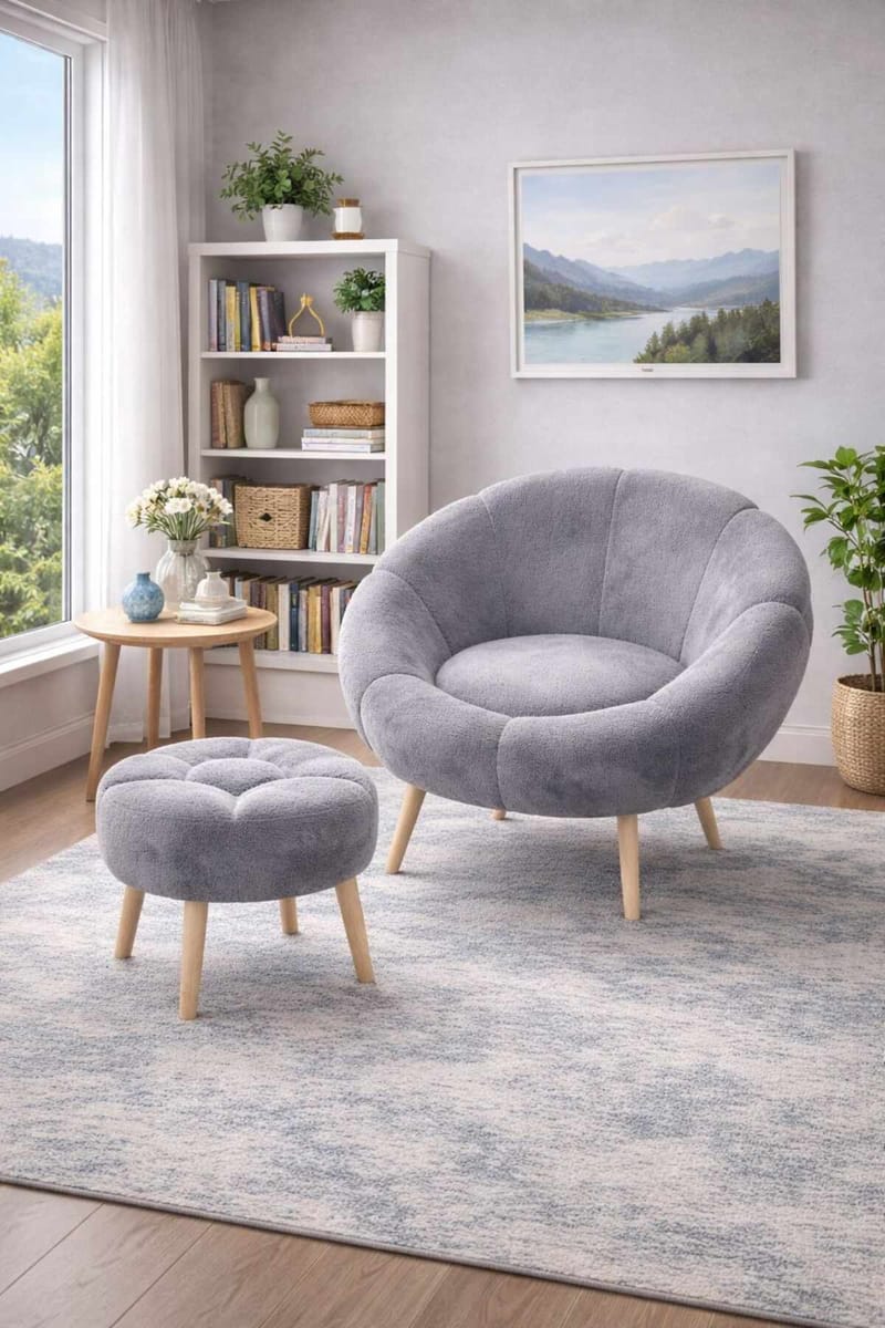Ørelappstol- og puffesett (2 deler) Atelier Del Sofa Lida (75 x 100 x 42 cm) Grå - Møbler - Stoler - Lenestoler - Lenestol med fotskammel