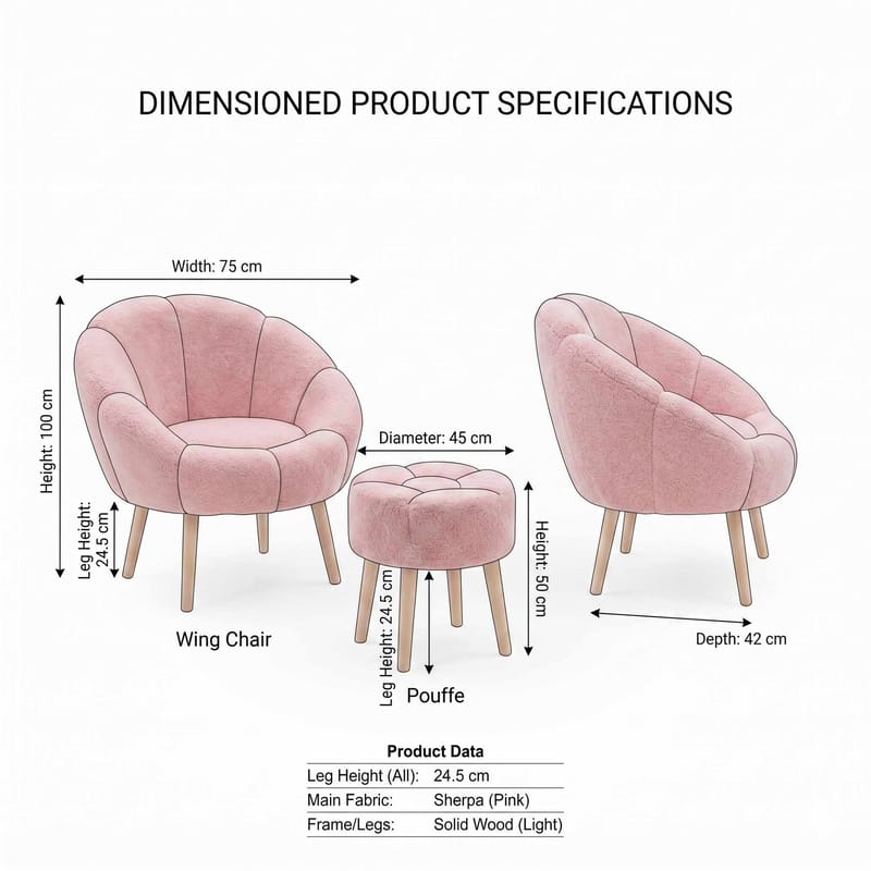 Ørelappstol- og puffsett (3 deler) Atelier Del Sofa Lida Wellsoft (75 x 100 x 42 cm) Rosa - Møbler - Stoler - Lenestoler