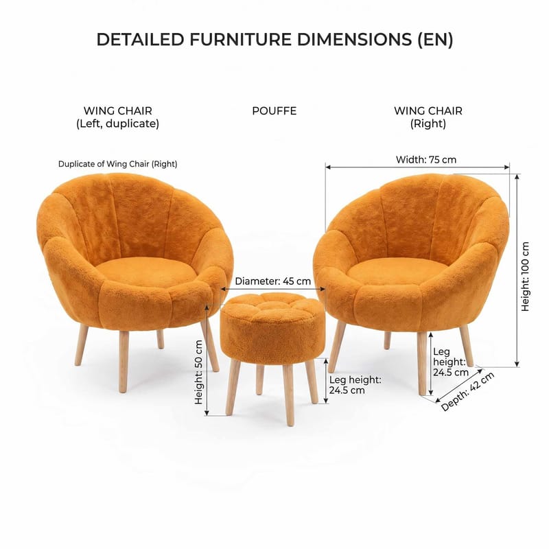 Ørelappstol- og puffsett (3 deler) Atelier Del Sofa Lida Wellsoft (75 x 100 x 42 cm) Oransje - Møbler - Stoler - Lenestoler