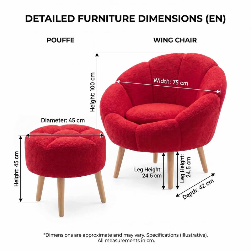 Ørelappstol- og puffesett (2 deler) Atelier Del Sofa Lida (75 x 100 x 42 cm) Fuksia - Møbler - Stoler - Lenestoler - Lenestol med fotskammel