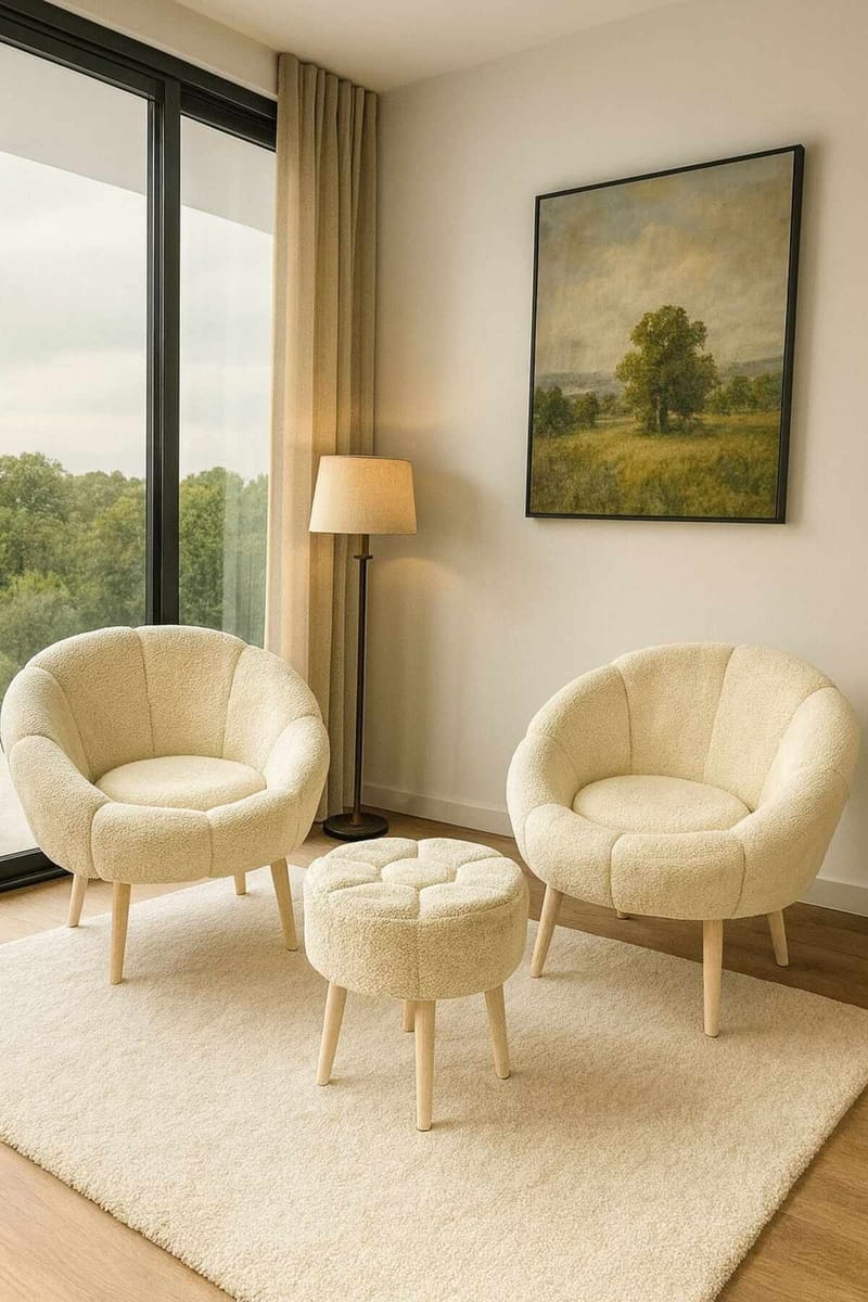 Ørelappstol- og puffsett (3 deler) Atelier Del Sofa Lida Wellsoft (75 x 100 x 42 cm) Krem - Møbler - Stoler - Lenestoler
