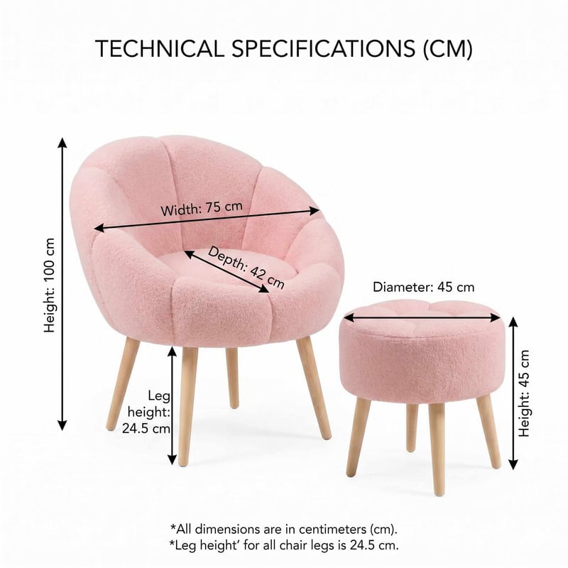 Ørelappstol- og puffesett (2 deler) Atelier Del Sofa Lida (75 x 100 x 42 cm) Rosa - Møbler - Stoler - Lenestoler - Lenestol med fotskammel