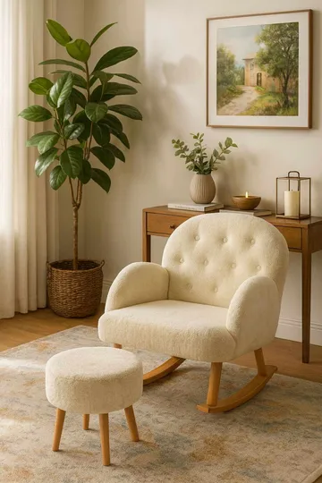 Ørelappstol- og puffesett (2 deler) Atelier Del Sofa Dugmeli (80 x 85 x 65 cm) Krem - Møbler - Stoler - Lenestoler