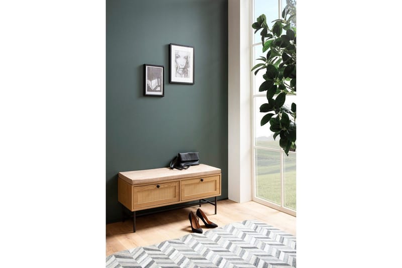 Benke Wohnling Tekstiltrukket Sitteplass Med 2 Skuffer i Rattan-utseende Eikedekor - Møbler - Stoler - Benk