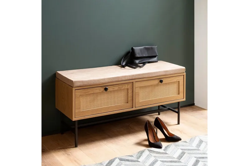 Benke Wohnling Tekstiltrukket Sitteplass Med 2 Skuffer i Rattan-utseende Eikedekor - Møbler - Stoler - Benk