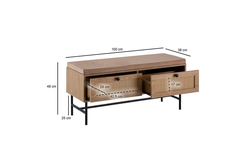 Benke Wohnling Tekstiltrukket Sitteplass Med 2 Skuffer i Rattan-utseende Eikedekor - Møbler - Stoler - Benk