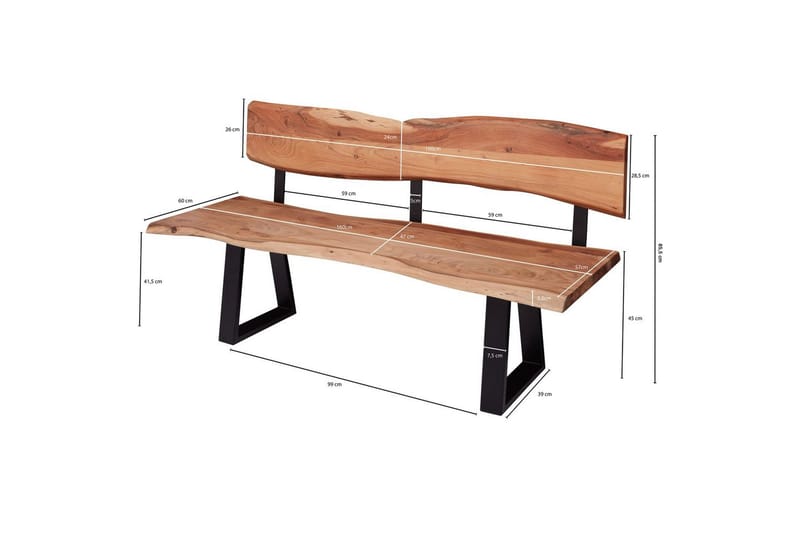 Spisestuebenk Wohnling Heltre tre kant med metallben landstil Med ryggstøtte, 160 cm - Med ryggstøtte, 160 cm - Møbler - Bord - Spisebord & kjøkkenbord