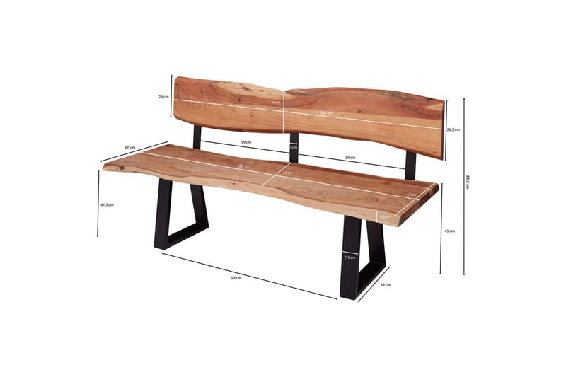 Spisestuebenk Wohnling Heltre tre kant med metallben landstil Med ryggstøtte, 180 cm - Med ryggstøtte, 180 cm - Møbler - Bord - Spisebord & kjøkkenbord