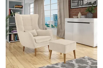 Gabi Oval Lenestol i Stoff med Trebein - Beige - Møbler - Stoler - Lenestoler - Fløyelslenestol