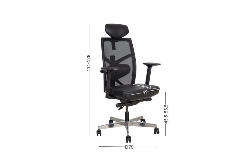 Kontorstol Tune 70x70xh111-128 cm Sete: Lær - Svart - Kontorstol & skrivebordsstol