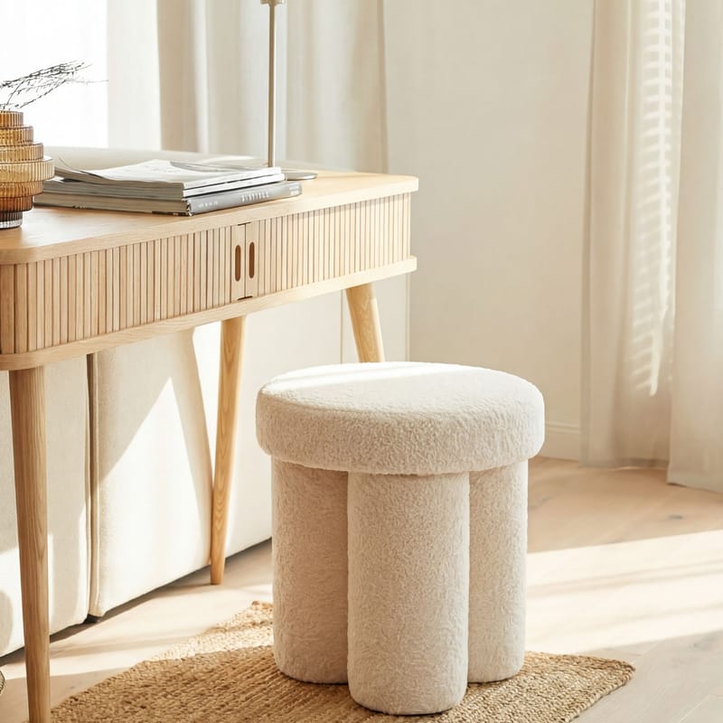Ölvik rund sittepuff 40 cm i teddystoff - lys krem - Møbler - Stoler - Krakk - Puff