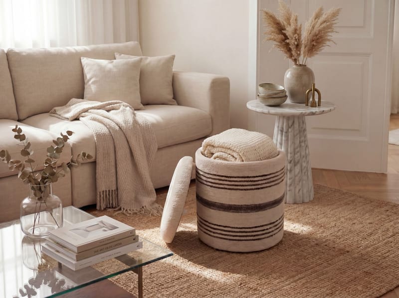 Nirek rund sittepuff med oppbevaring i ullstoff - lys beige - Møbler - Stoler - Krakk - Puff