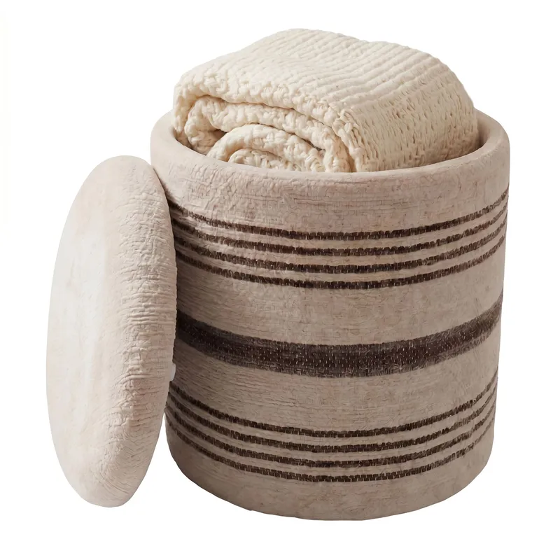 Nirek rund sittepuff med oppbevaring i ullstoff, lys beige