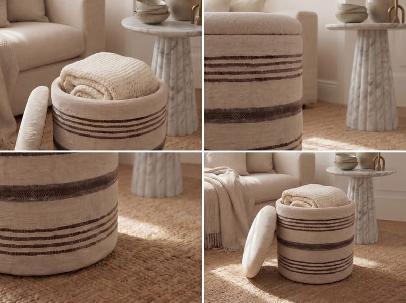 Nirek rund sittepuff med oppbevaring i ullstoff - lys beige - Møbler - Stoler - Krakk - Puff