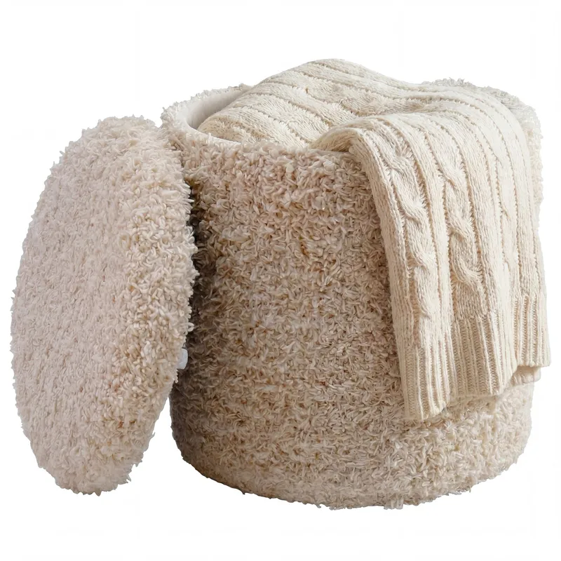 Veron rund sittepuff med oppbevaring i ullstoff, lys beige