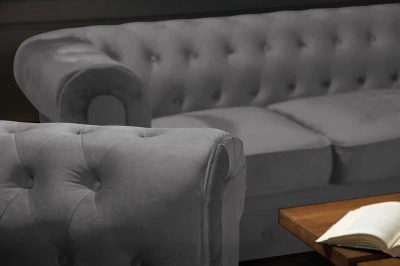 Chesterfield Lyx Stor behagelig dyp fløyelfotøyd – Fotøyd til stue - Mørkegrå Fløyel - Møbler - Stoler - Lenestoler - Chesterfield lenestol