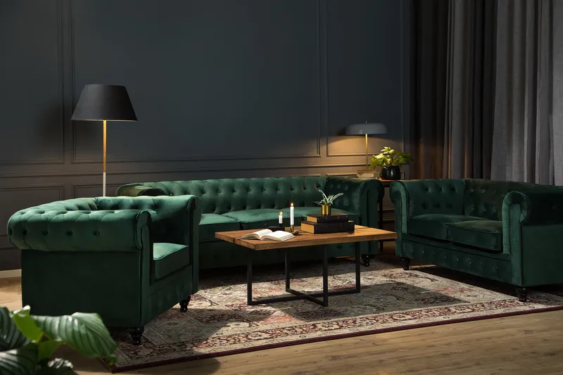 Chesterfield Lyx Stor behagelig dyp fløyelfotøyd – Fotøyd til stue - Mørkegrønn Fløyel - Møbler - Stoler - Lenestoler - Chesterfield lenestol
