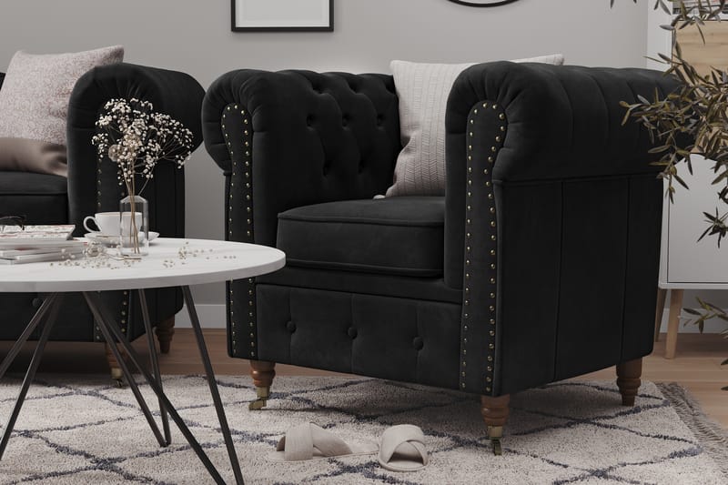 Fløyelslenestol Chester Deluxe - Svart - Møbler - Stoler - Lenestoler - Chesterfield lenestol