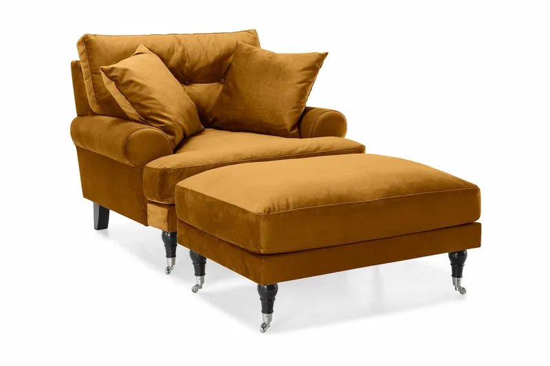 Andrew Lenestol med Fotskammel Fløyel - Amber/Krom - Møbler - Stoler - Lenestoler - Fløyelslenestol