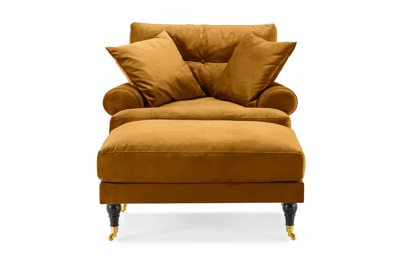 Andrew Lenestol med Fotskammel Fløyel - Amber/Messing - Møbler - Stoler - Lenestoler - Fløyelslenestol