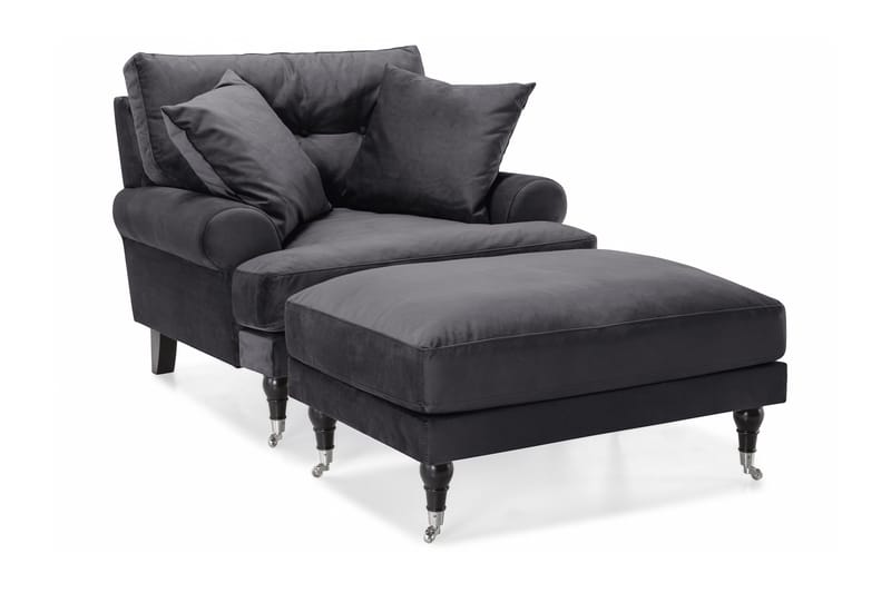 Andrew Lenestol med Fotskammel Fløyel - Mørkegrå/Krom - Møbler - Stoler - Lenestoler - Fløyelslenestol