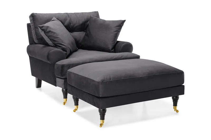 Andrew Lenestol med Fotskammel Fløyel, Mørkegrå/Messing