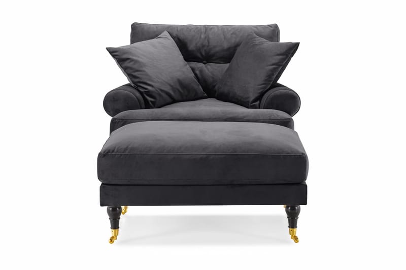 Andrew Lenestol med Fotskammel Fløyel - Mørkegrå/Messing - Møbler - Stoler - Lenestoler - Fløyelslenestol
