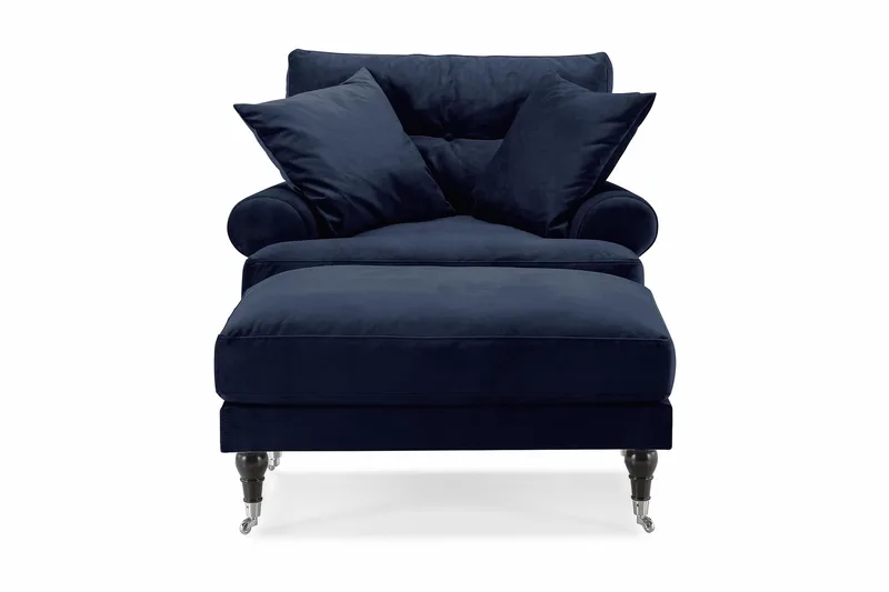 Andrew Lenestol med Fotskammel Fløyel - Midnattsblå/Krom - Møbler - Stoler - Lenestoler - Fløyelslenestol