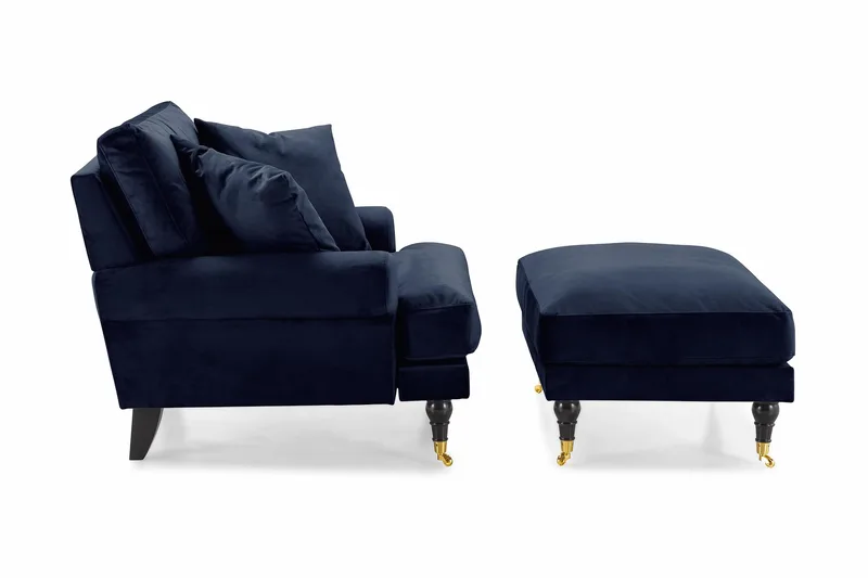 Andrew Lenestol med Fotskammel Fløyel - Midnattsblå/Messing - Møbler - Stoler - Lenestoler - Fløyelslenestol