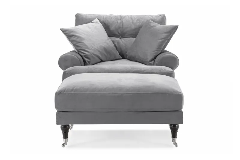 Andrew Lenestol med Fotskammel Fløyel - Sølvgrå/Krom - Møbler - Stoler - Lenestoler - Fløyelslenestol