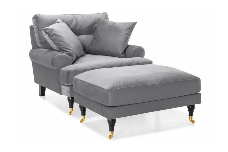 Andrew Lenestol med Fotskammel Fløyel - Sølvgrå/Messing - Møbler - Stoler - Lenestoler - Fløyelslenestol