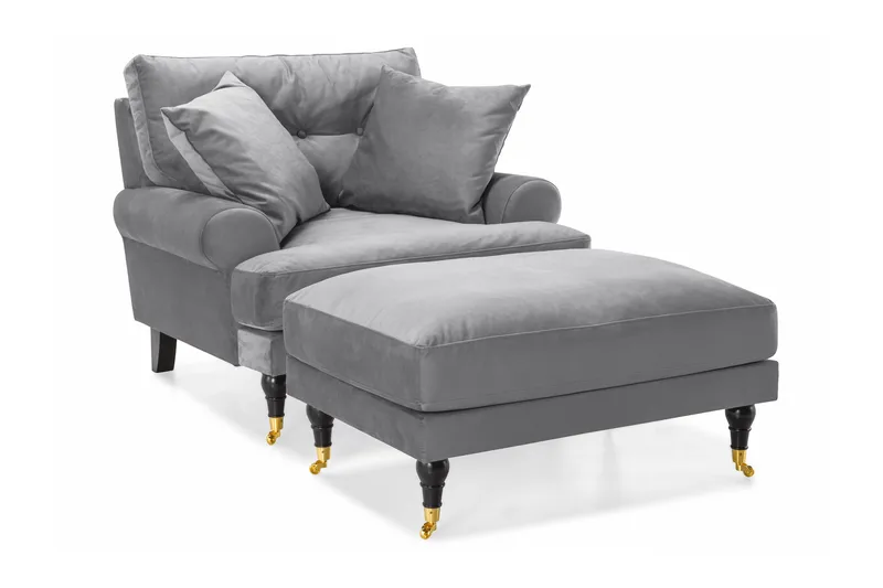 Andrew Lenestol med Fotskammel Fløyel, Sølvgrå/Messing