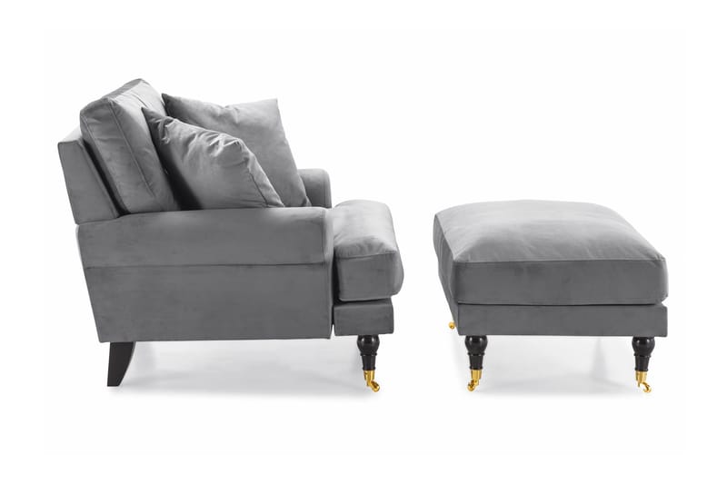 Andrew Lenestol med Fotskammel Fløyel - Sølvgrå/Messing - Møbler - Stoler - Lenestoler - Fløyelslenestol