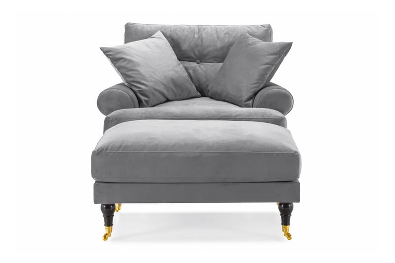 Andrew Lenestol med Fotskammel Fløyel - Sølvgrå/Messing - Møbler - Stoler - Lenestoler - Fløyelslenestol