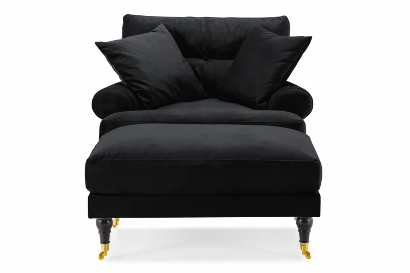 Andrew Lenestol med Fotskammel Fløyel - Svart/Messing - Møbler - Stoler - Lenestoler - Fløyelslenestol