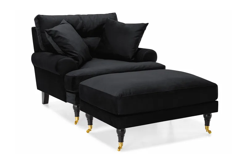 Andrew Lenestol med Fotskammel Fløyel, Svart/Messing