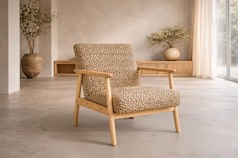 Runbert Retro Lenestol i Chenille med Armlene og Trestativ, Brun