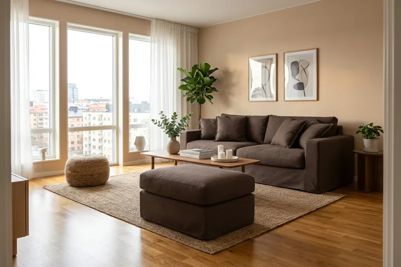 Valencia Extra Dyp 3-seters sofa + fotskammel med avtakbart og vaskbart trekk - Mørkebrun - Møbler - Sofaer