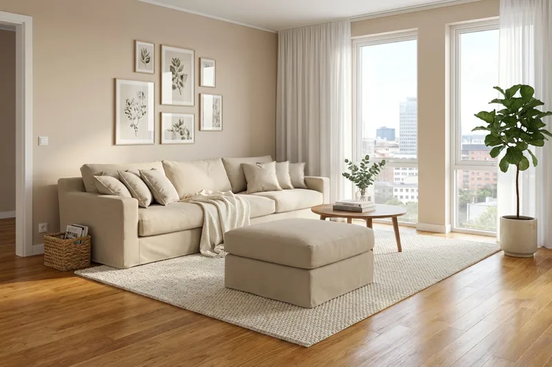 Valencia Extra Dyp 5-seters sofa + fotskammel med avtakbart og vaskbart trekk - Beige - Møbler - Sofaer