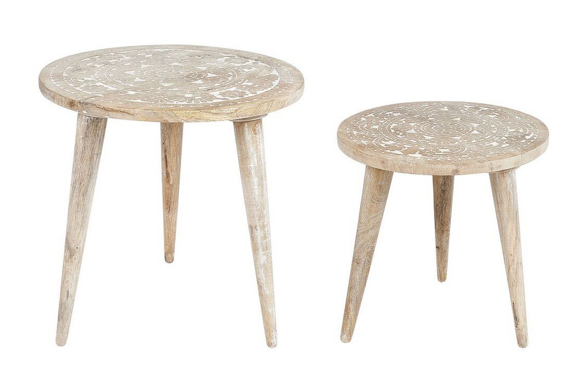 Sett med 2 Mango Sidebord Hvit Distressed Lys Mango Tre Rund Sidebord for stue Retro Vintage Design